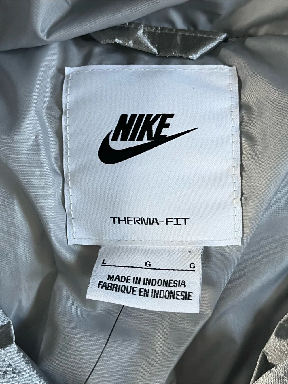 Nike Therma Fit Swoosh Series Oversized Down Puffer Jacket ‘Silver’ size wmns L